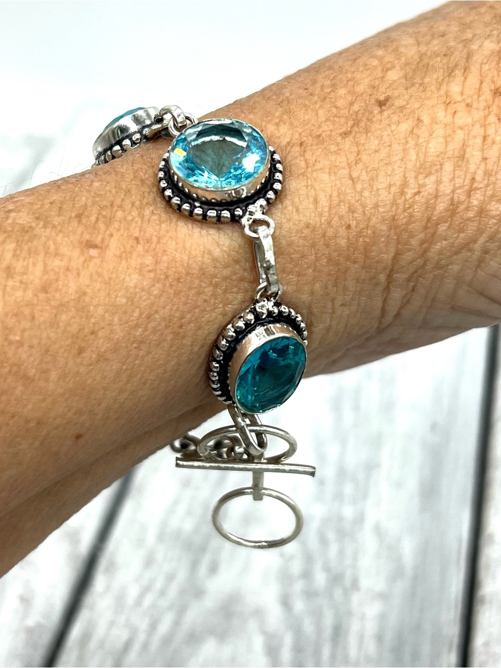 346. Blue Topaz Sterling 925 Link Bracelet - 7” to 7 3/4” - Picture 7 of 9